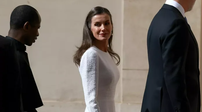 Queen Letizia met with the Pope in a white tweed dress.